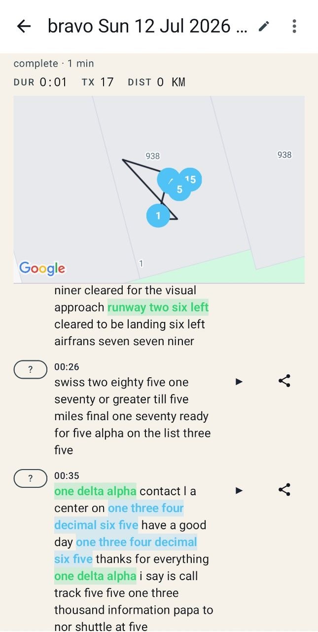 ATC Log completed flight with a GPS track and color-highlighted transcript