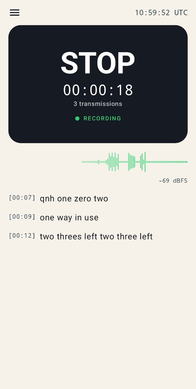 ATC Log recording cockpit audio and producing a live ATC transcript
